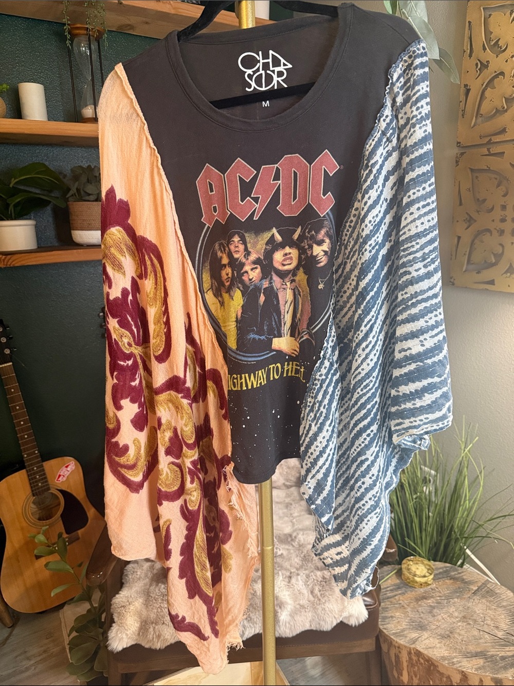 Chaser Black AC/DC Mixed-Pattern Long Sleeve Tee with Peach & Blue Sleeves